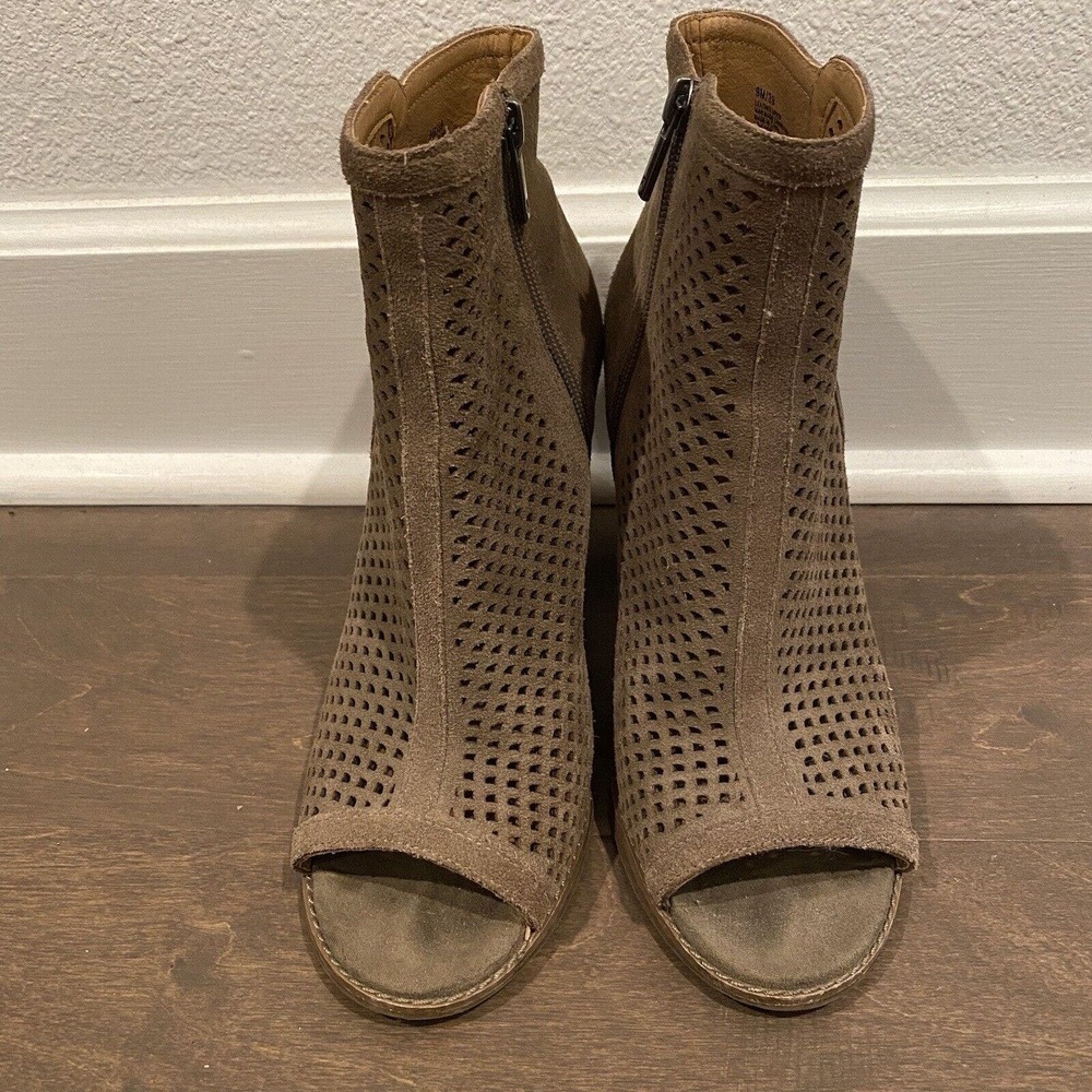 Lucky Brand Bootie Womens Size 9 Tan Leather Suede Peep Toe Ankle Boot Zip up